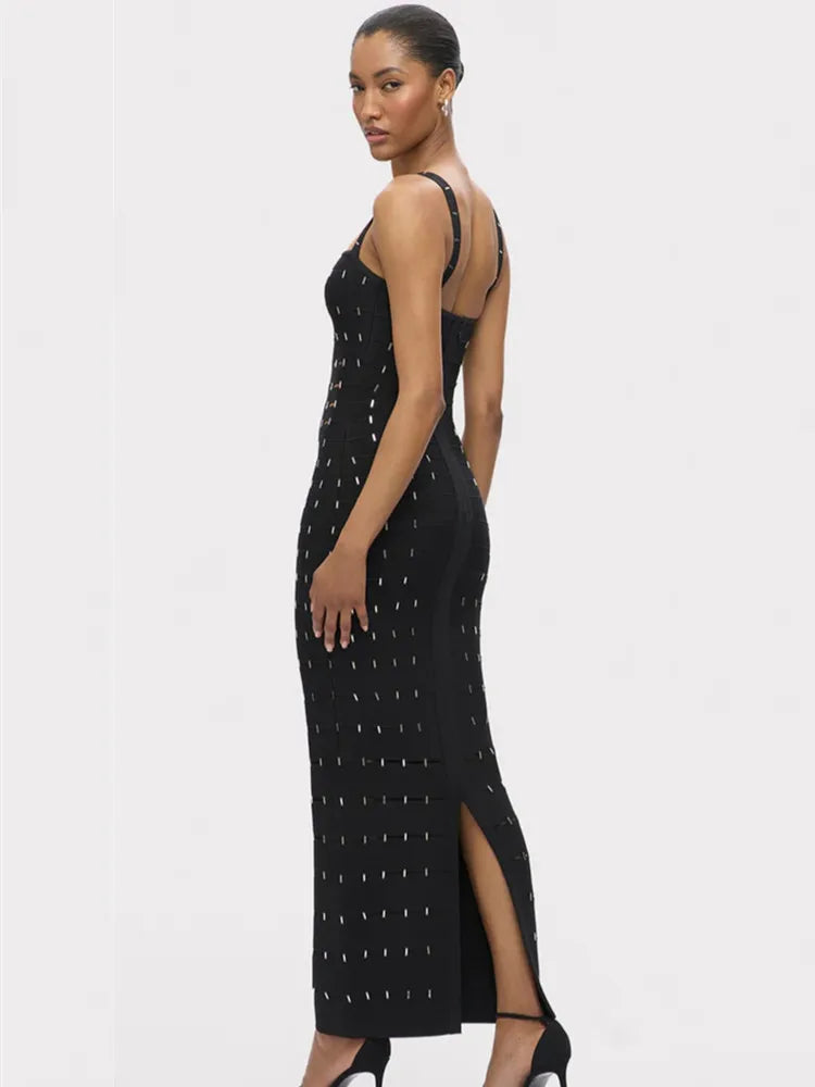 Elegant Black Beaded Sleeveless Bodycon Maxi Dress VestiVogue