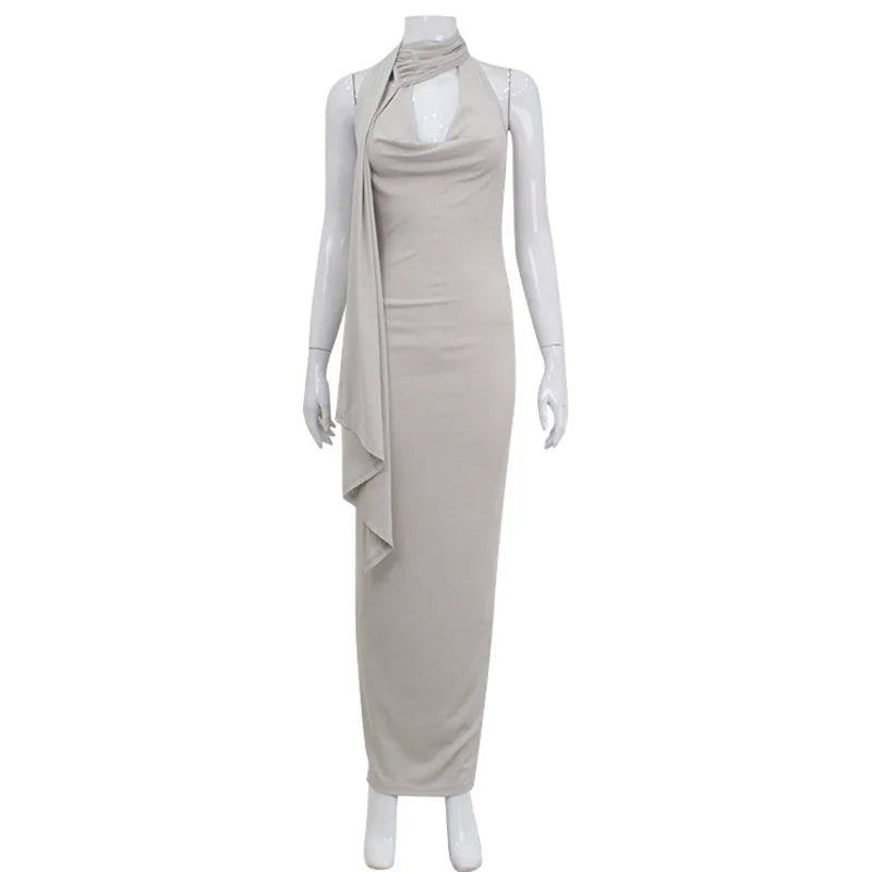 Halter Neck Slim Fit Long Dress VestiVogue Gray S
