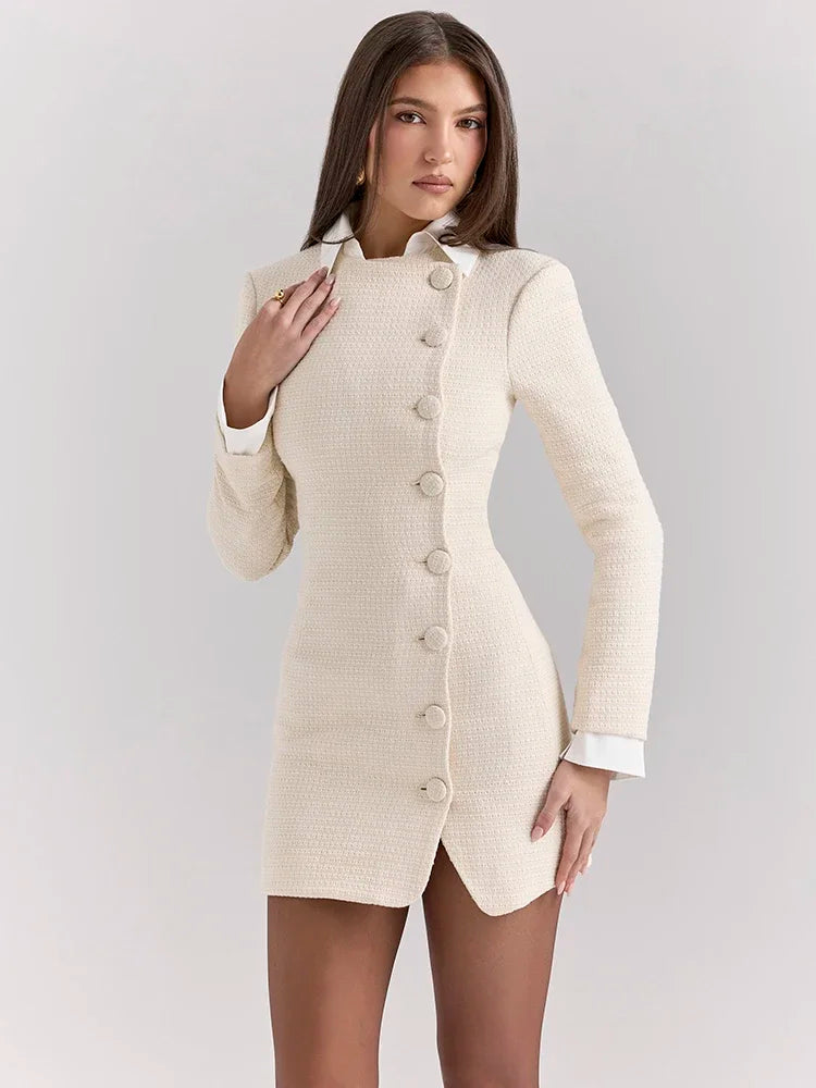 Women's Contrast Mini Dress with Lapel and Buttons VestiVogue