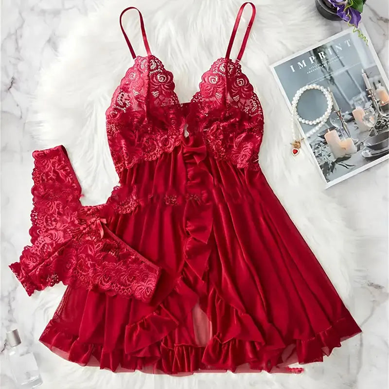 Elegant Lace Deep V Slip Dress & Thong Set VestiVogue