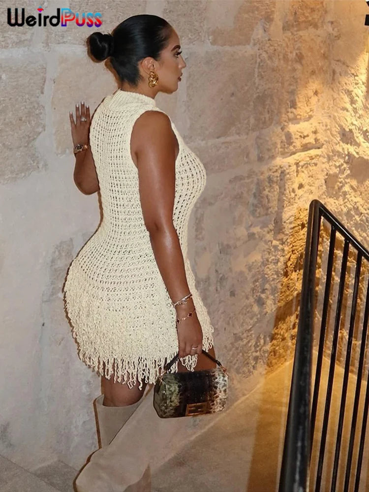 Crochet Tassel Mini Bodycon Dress VestiVogue