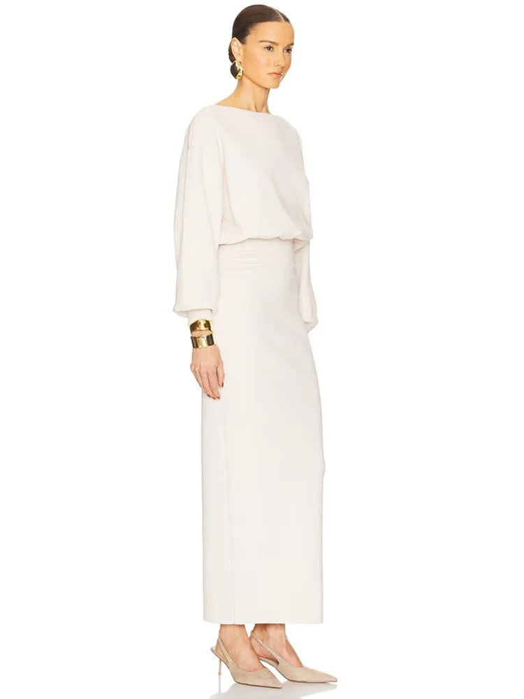 Sleek White Bodycon Maxi Gown with Long Sleeves VestiVogue