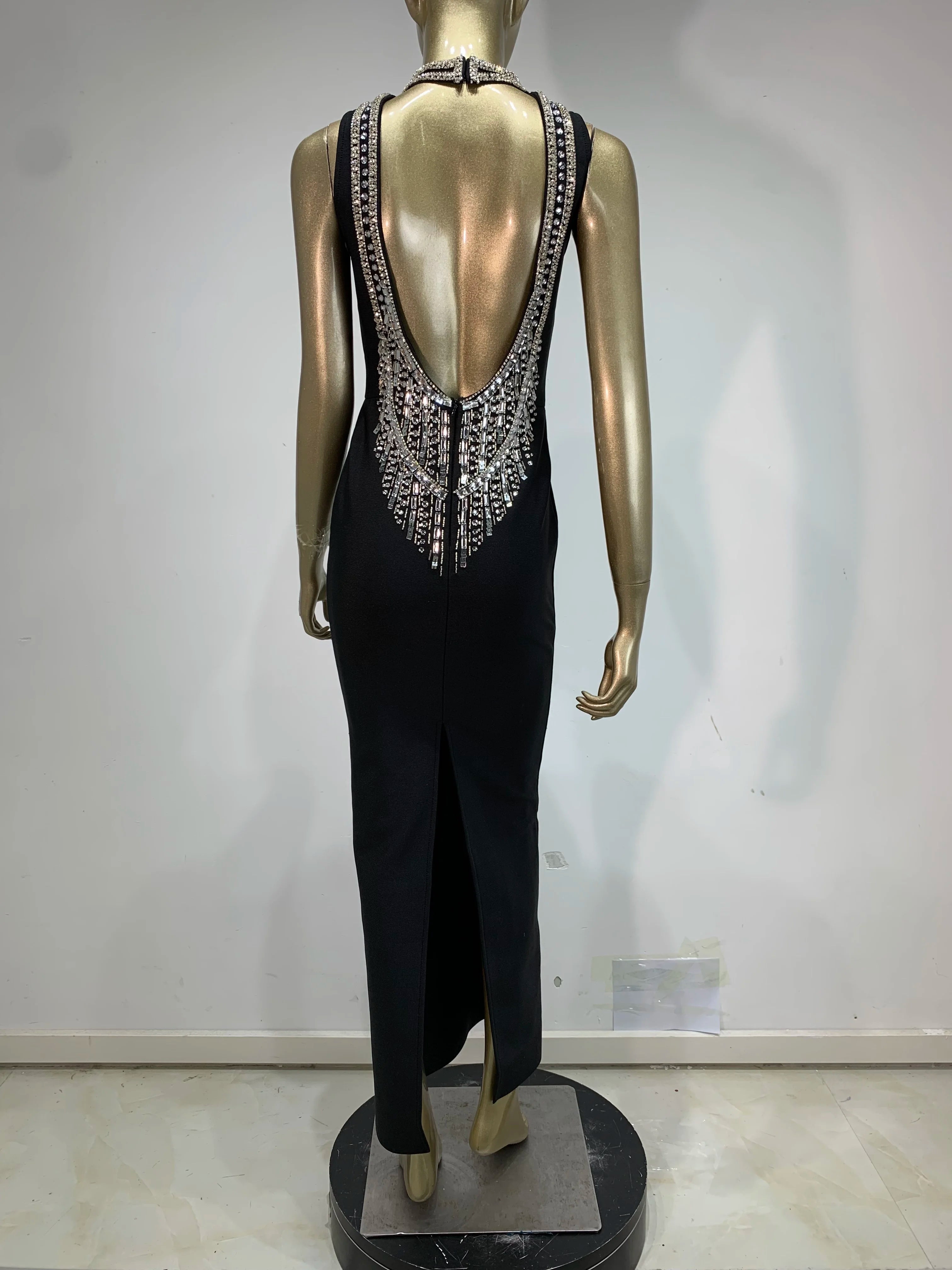 Elegant Black Beaded Bodycon Maxi Dress VestiVogue