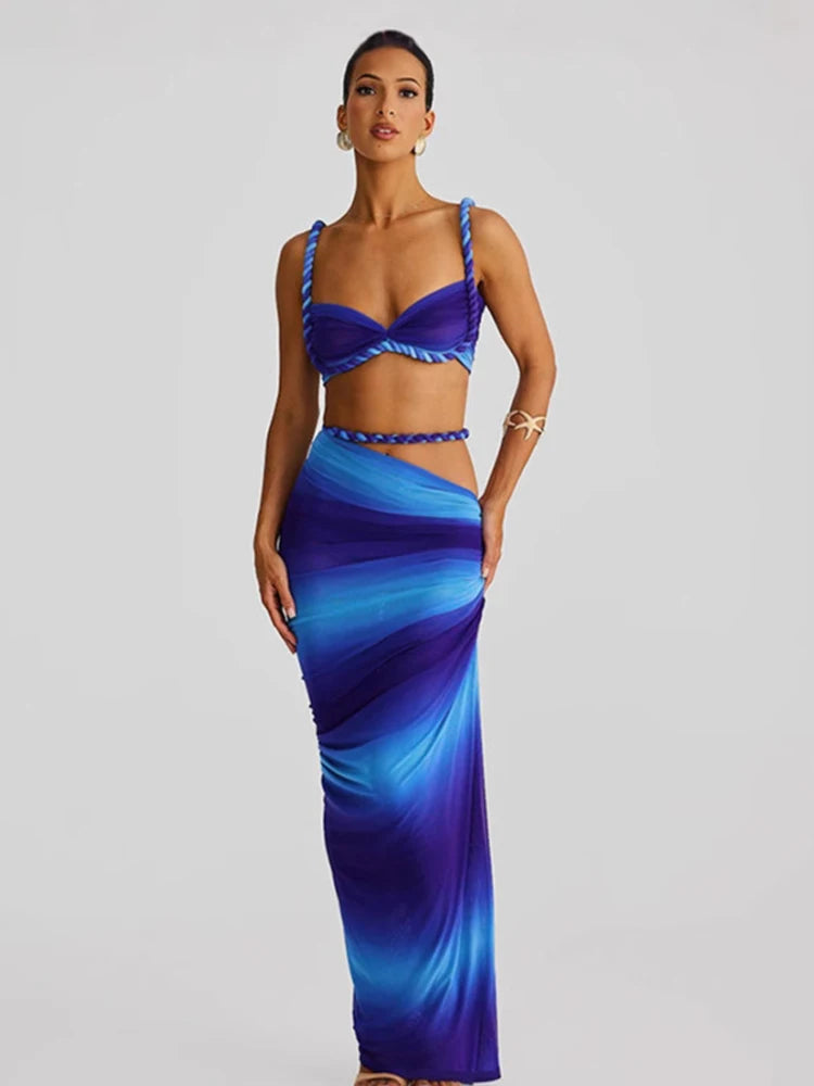 Square Collar Bra and Maxi Skirt Set VestiVogue Blue XS