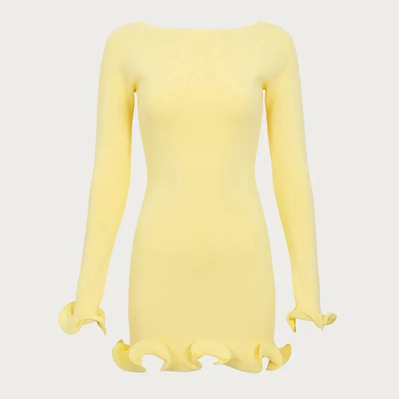 Fungus Contrast Knitted Mini Dress for Women VestiVogue Mini Yellow L