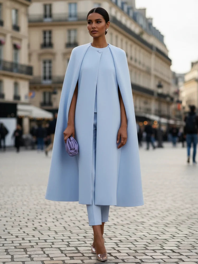 Chic Round Neck Cape & High Waist Pencil Pants Set VestiVogue