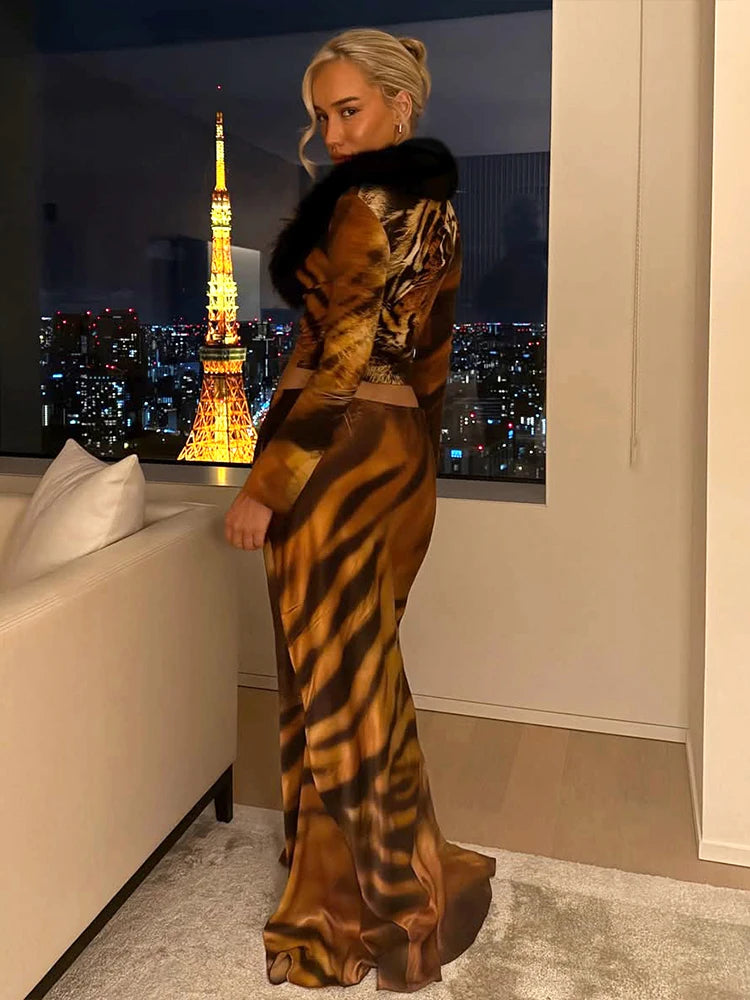 Tiger Print Furry Patchwork 2-Piece Set with Crop Top and Ankle-Length Bottoms VestiVogue