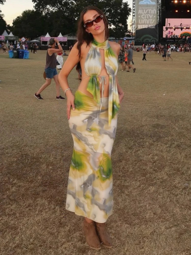 Chic Halter Neck 2 Piece Maxi Set with Stunning Print VestiVogue