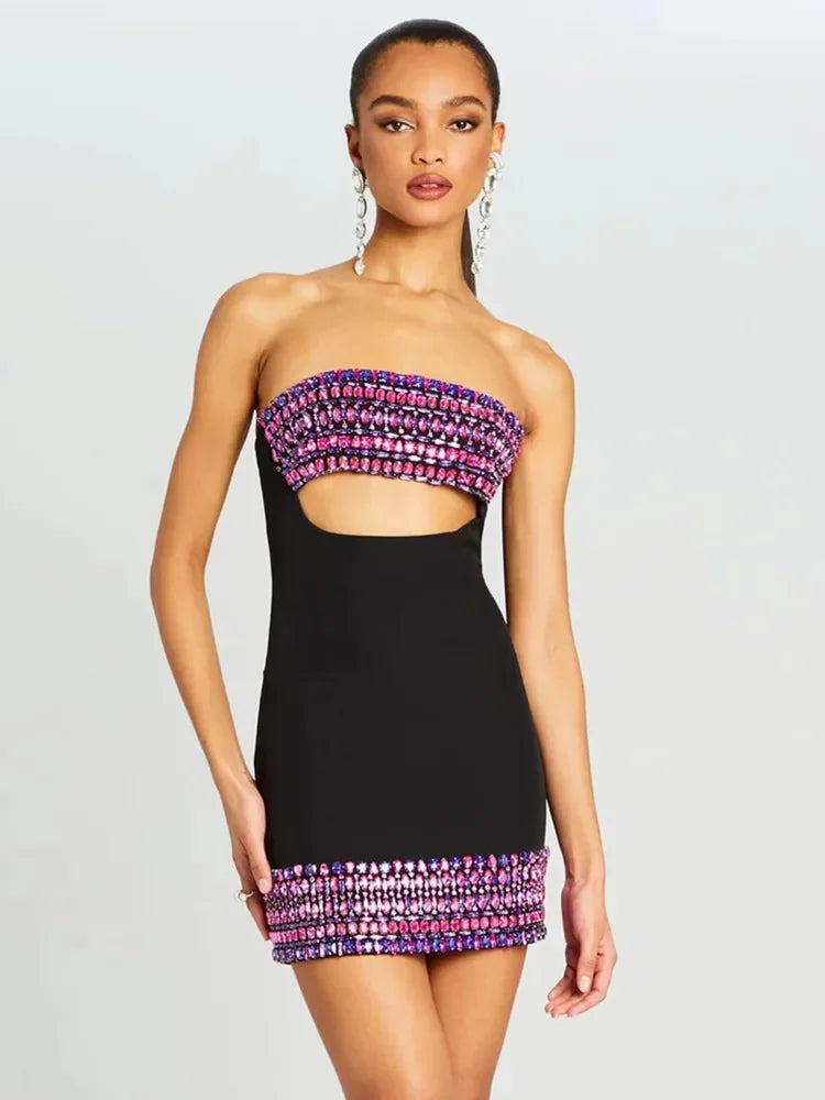 Vibrant Crystal Strapless Bodycon Mini Dress VestiVogue