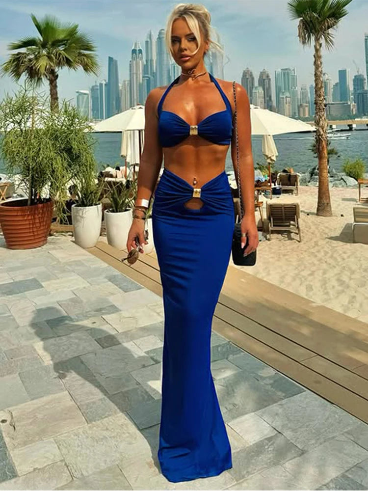 Sequined Halter Mini Tank & Shirred Maxi Skirt Two-Piece Set VestiVogue Blue S