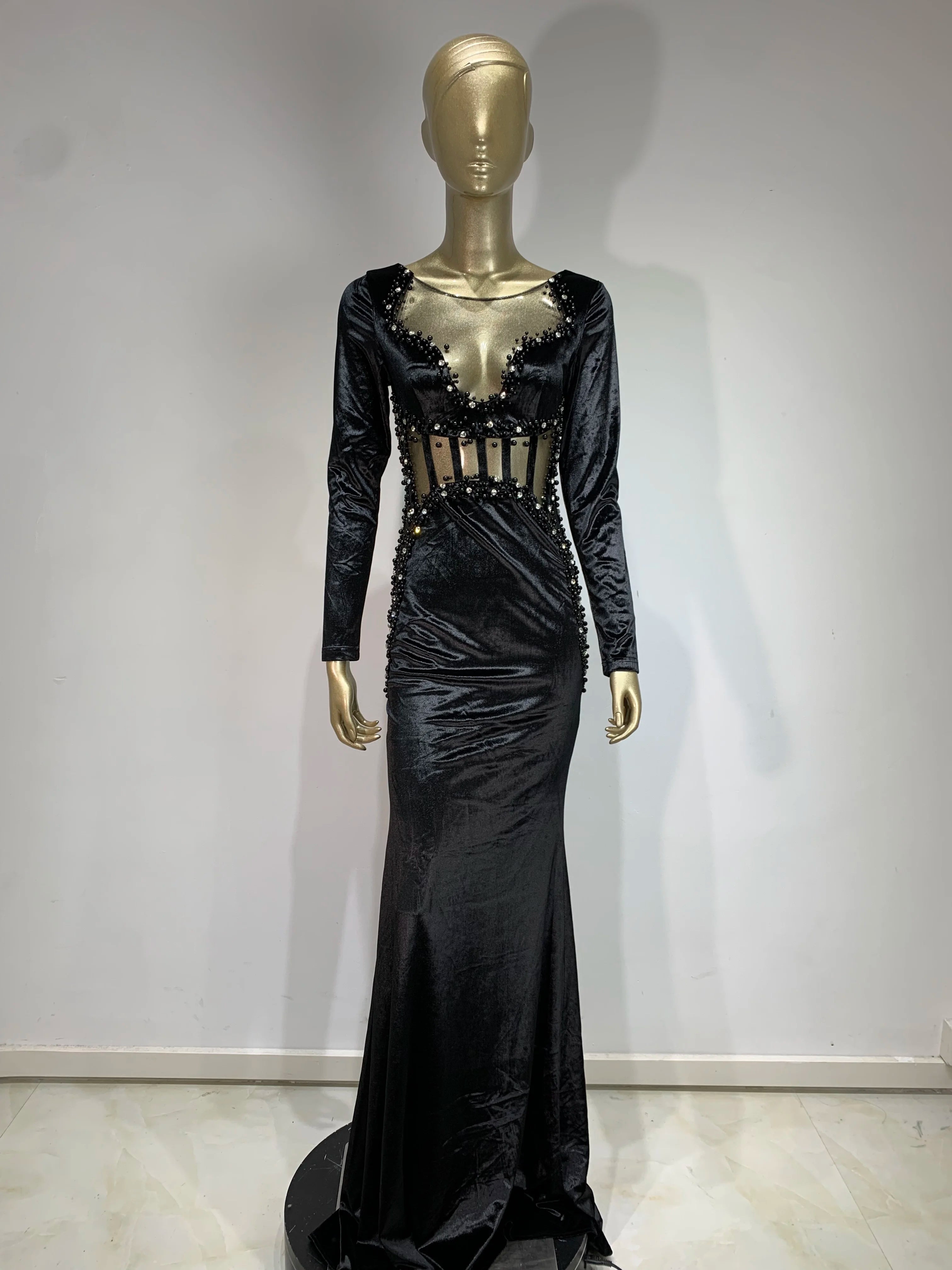 Luxury Black Velvet Diamond Mesh Maxi Dress VestiVogue