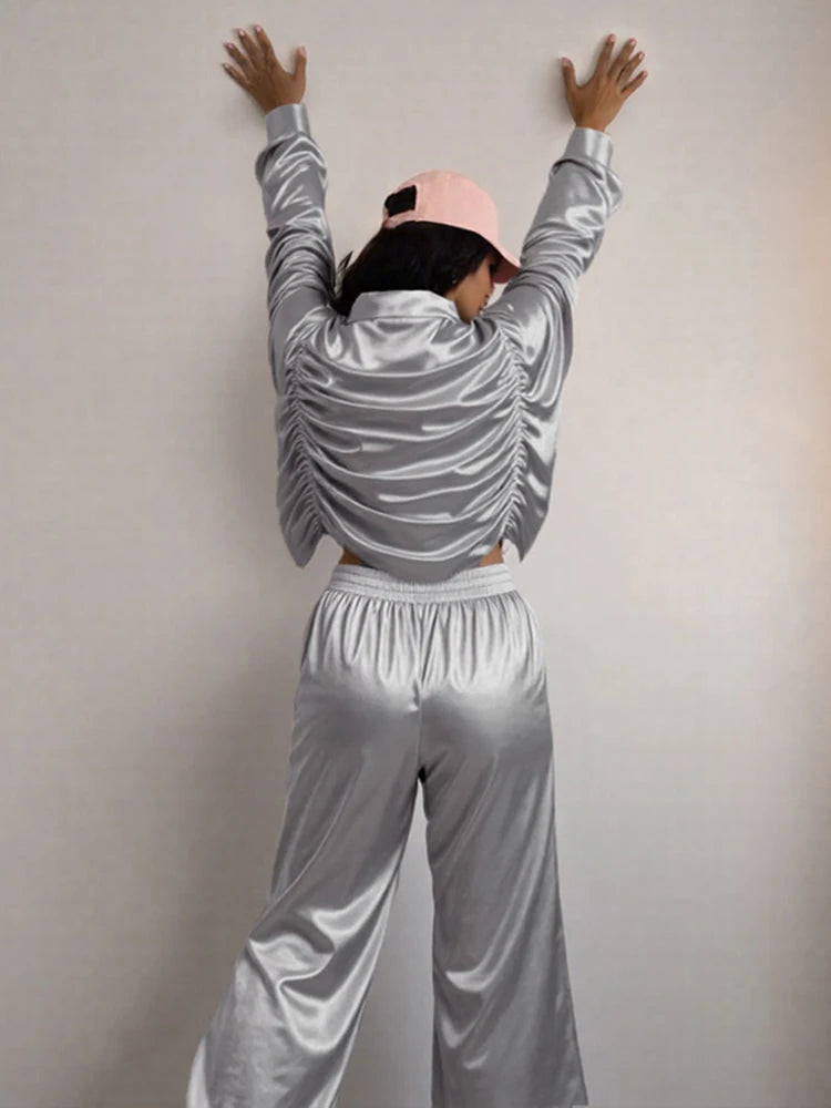 Satin Ruched Zip Crop Jacket & Tailored Pants Set VestiVogue