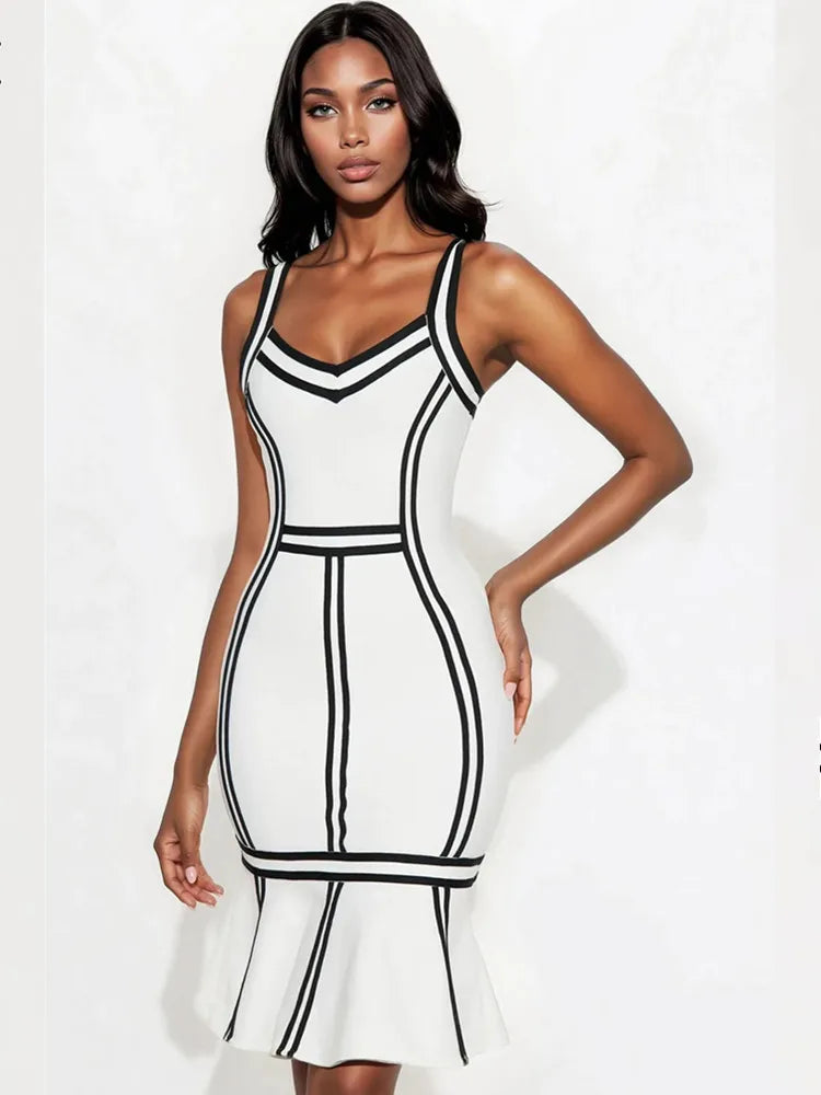 V Neck Striped Mermaid Midi Bodycon Dress VestiVogue