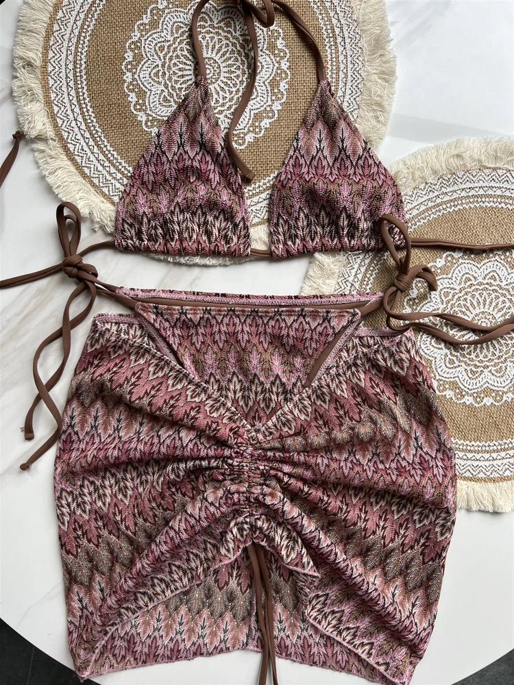 Maple Leaves Knitted Bikini Set with Skirt VestiVogue