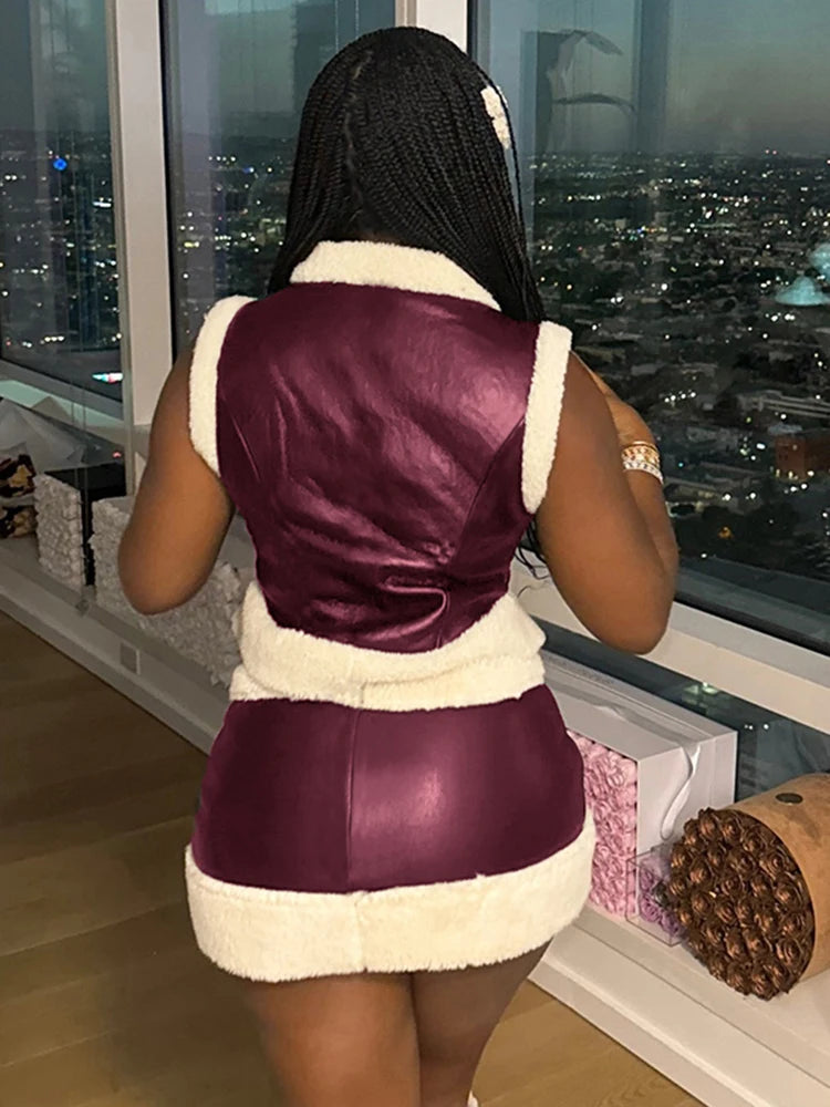 Chic Patchwork Two-Piece Set with Zip-Up Crop Top and High-Waisted Mini Skirt VestiVogue