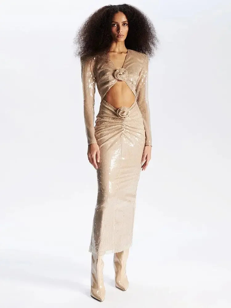 V-neck Sequin Hollow Midi Dress VestiVogue