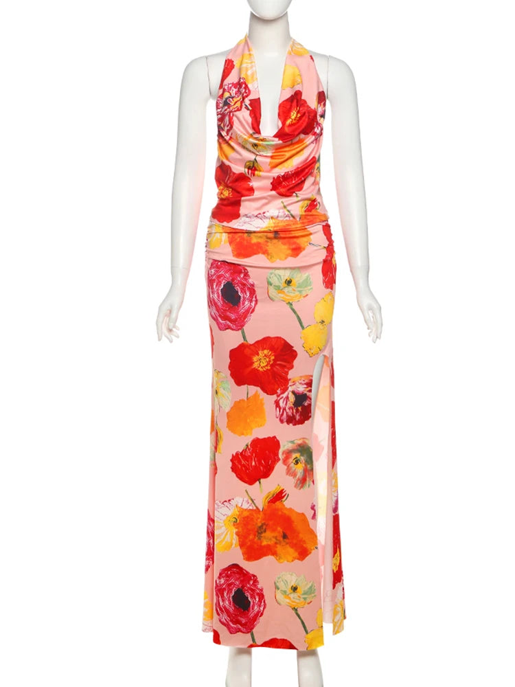 Attractive Printed Summer Two-Piece Set with Halter Vest and Split Maxi Skirt VestiVogue