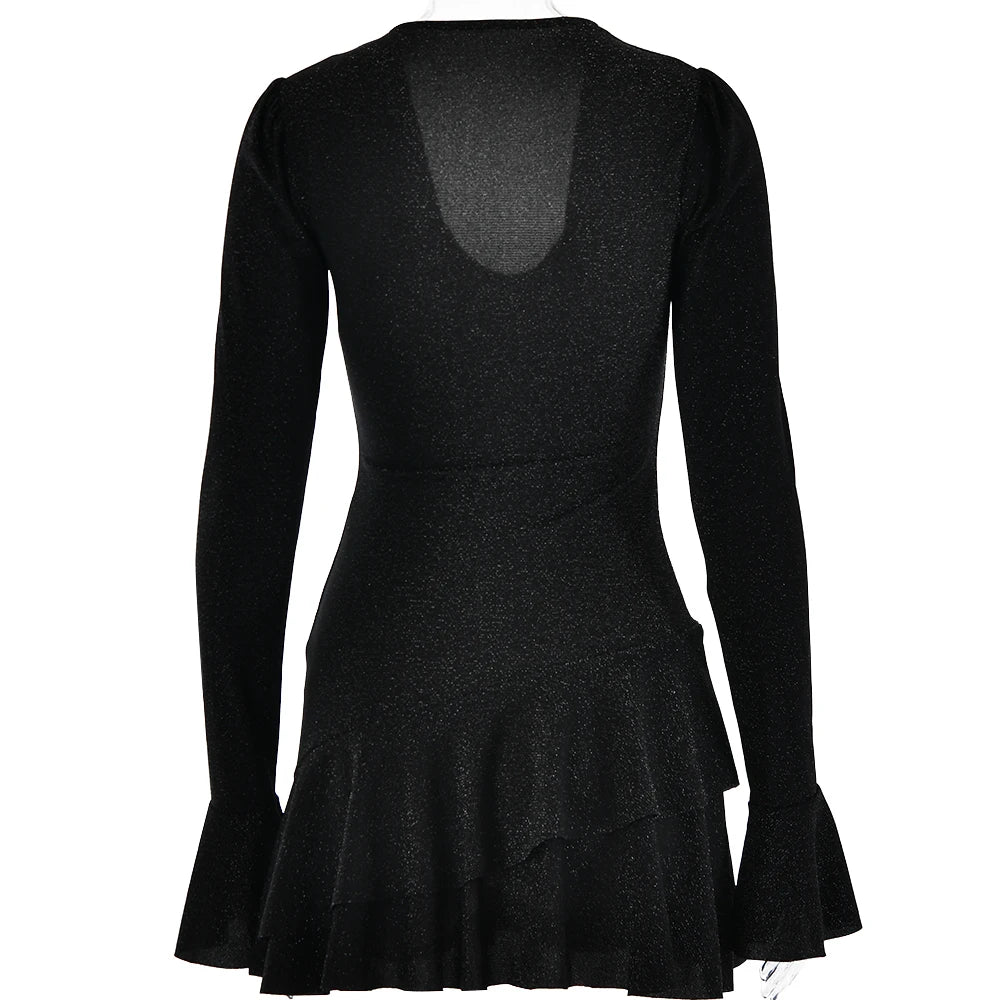 Deep V Silk Ruffled Mini Dress VestiVogue