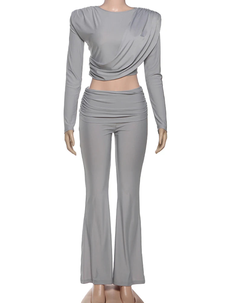 Ruched O-Neck Crop Top and Flare Pants Set VestiVogue