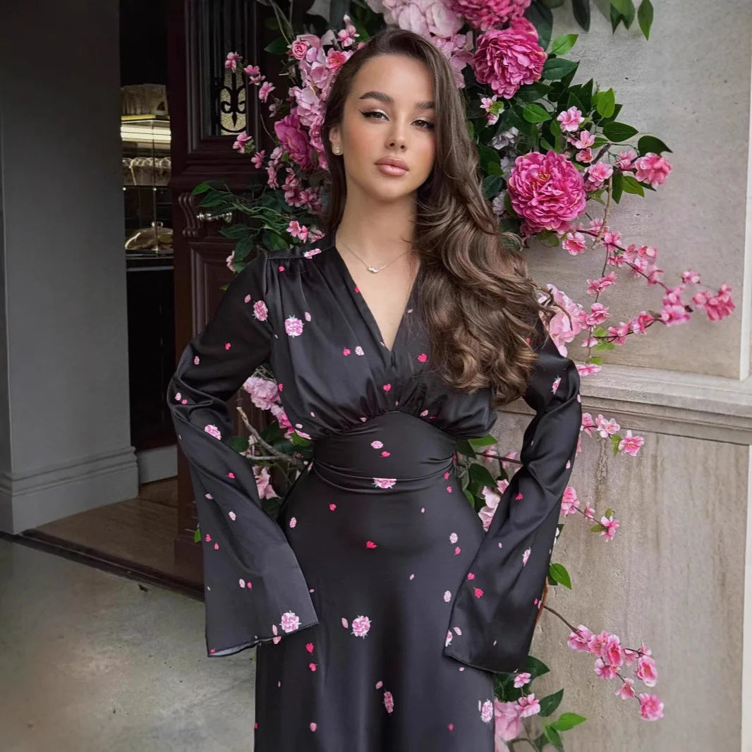 Elegant Printed Satin Pleated V-Neck Long Dress VestiVogue