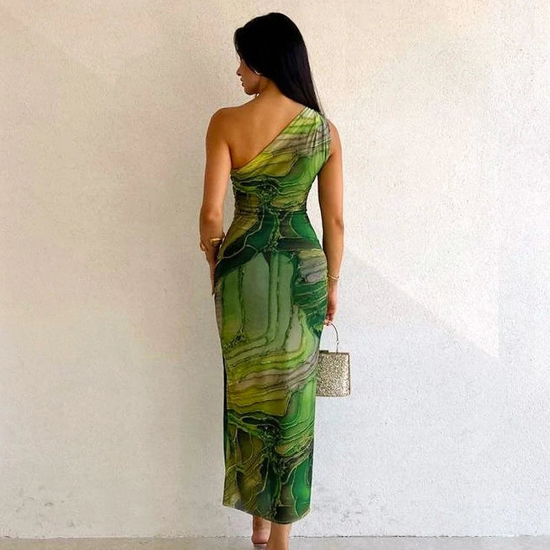 Gradient Print One-Shoulder Long Dress with Slash Collar VestiVogue