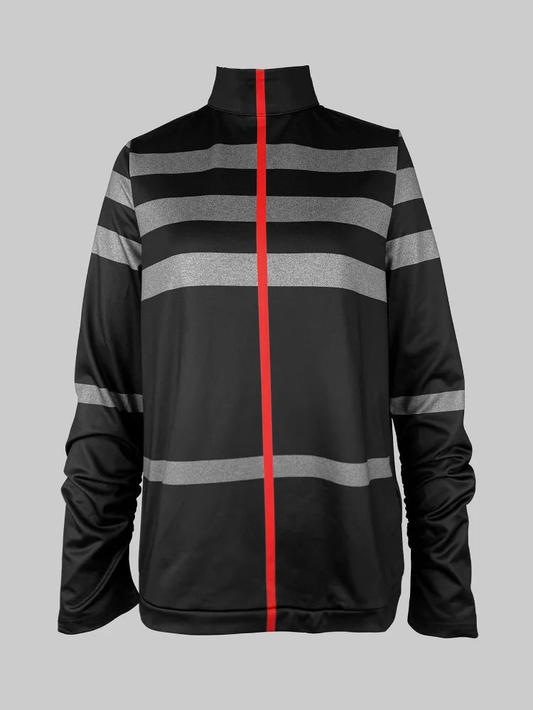 Striped High Neck Loose Fit Pullover T-shirt VestiVogue