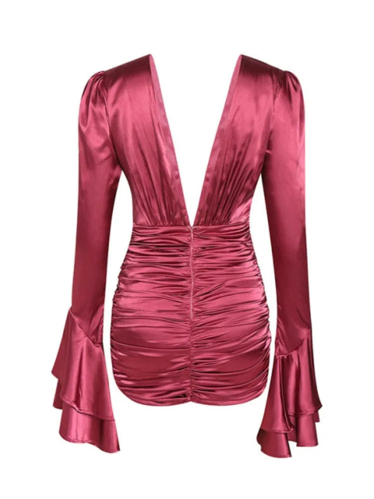 Luxury Pink Flower Satin Mini Gown with Deep V Neck VestiVogue