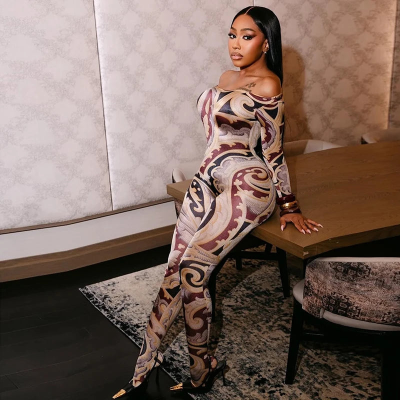 Chic One-Shoulder Printed Jumpsuit with Slim Fit and Long Sleeves VestiVogue