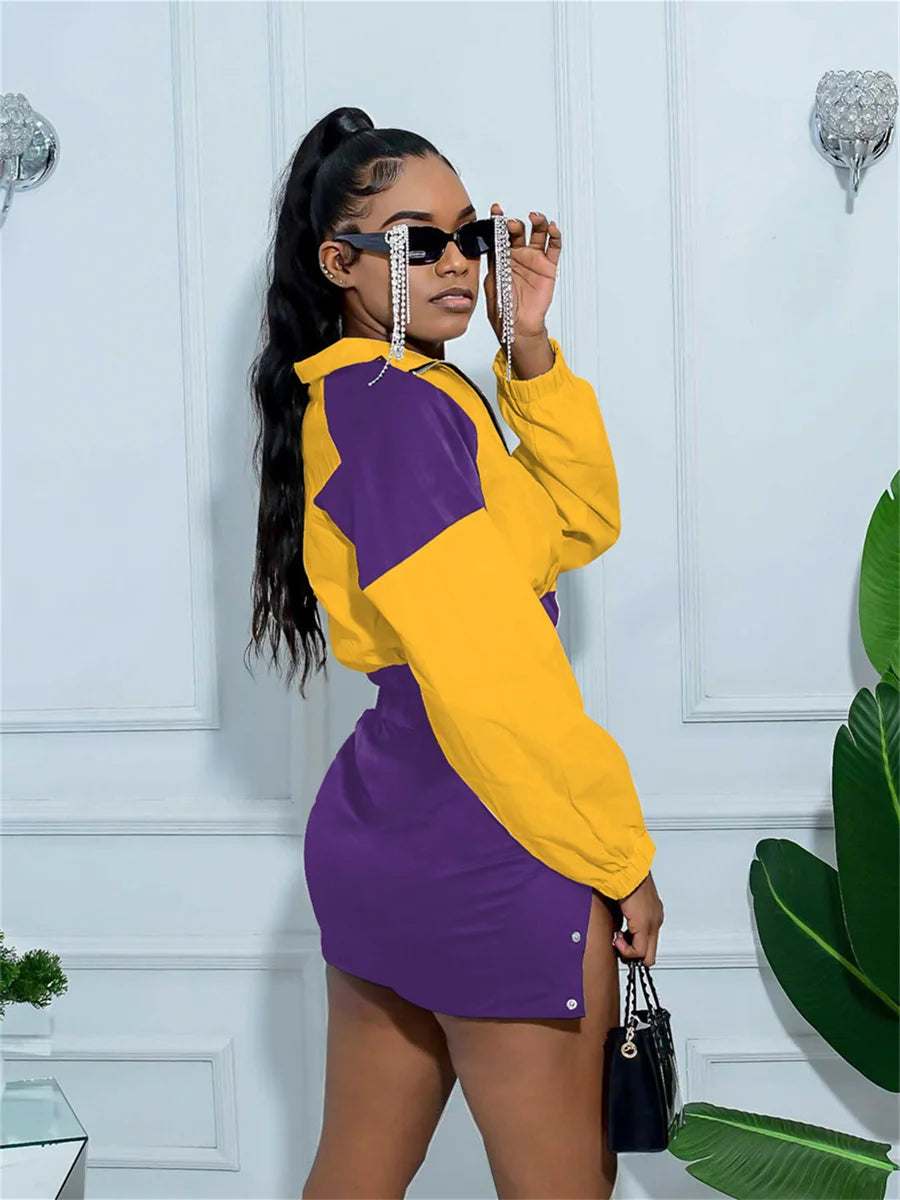 Sporty Contrast Two-Piece Set with Crop Jacket and Slit Skirt VestiVogue PURPLE S