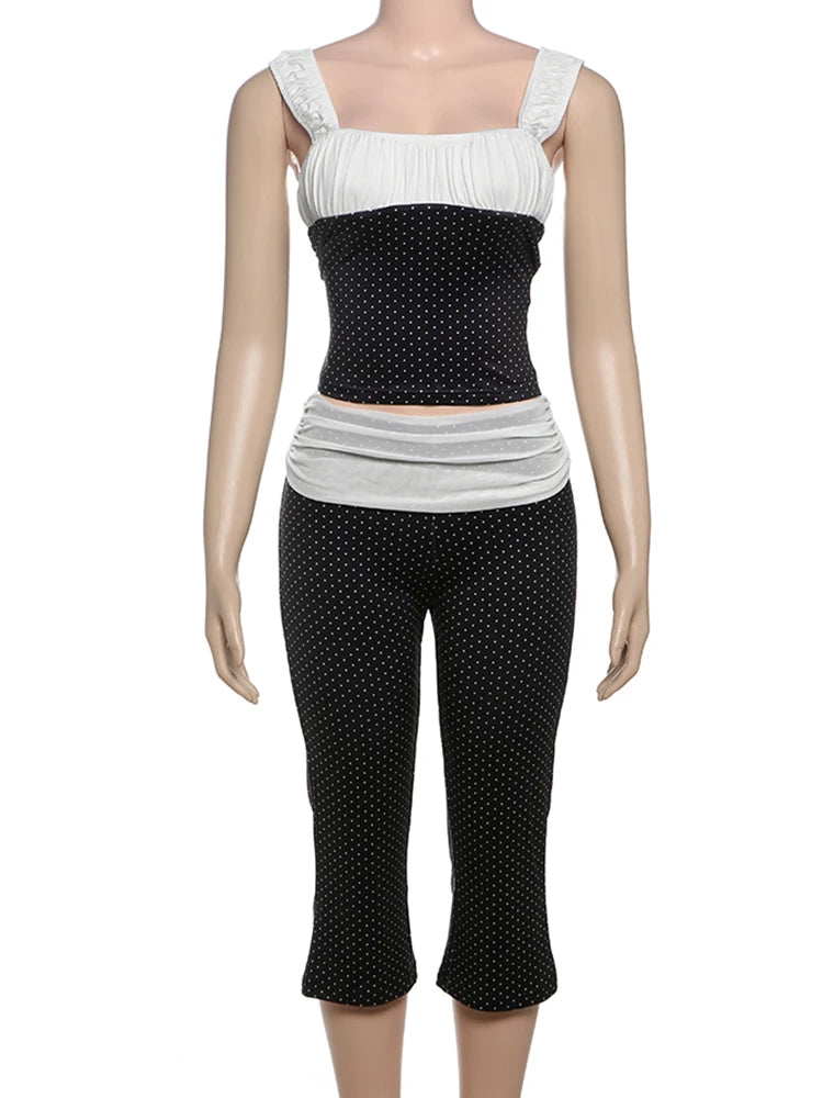 Polka Dot Mesh Tank & Calf-Length Shorts Set VestiVogue