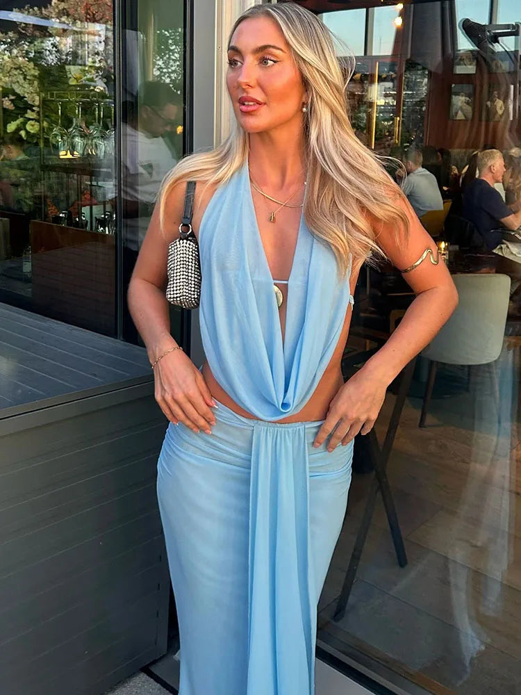 Chic Halter Neck Draped 2-Piece Maxi Skirt Set VestiVogue