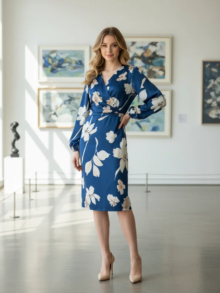 Floral V-Neck Puff Sleeve Bodycon Midi Dress VestiVogue