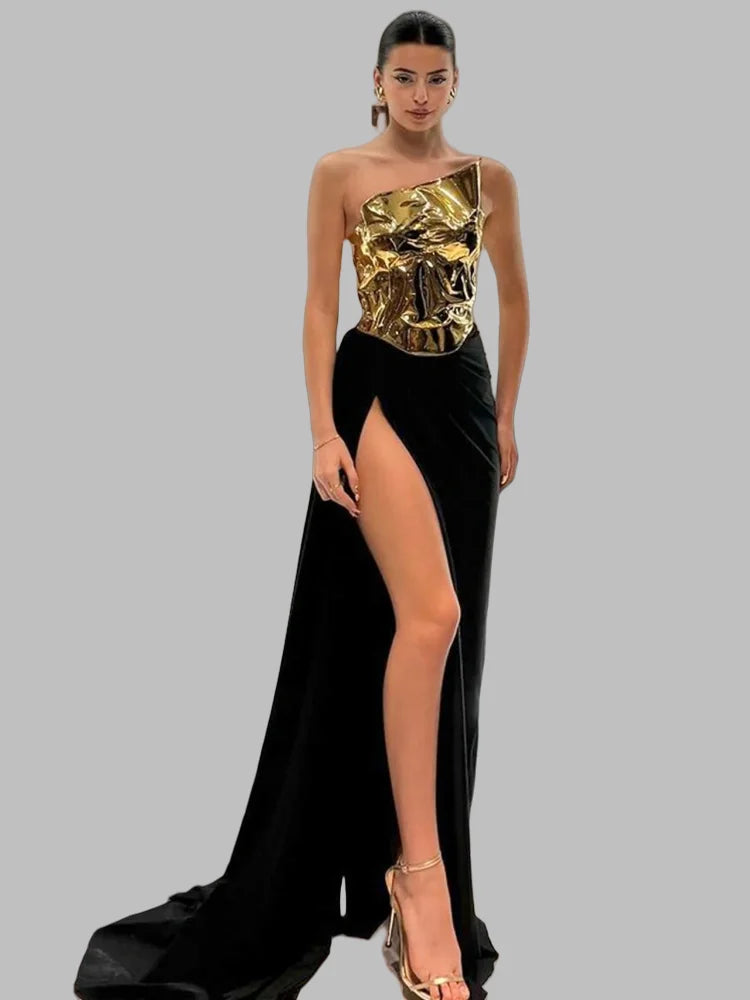 Strapless Gold Two Piece Maxi Dress VestiVogue