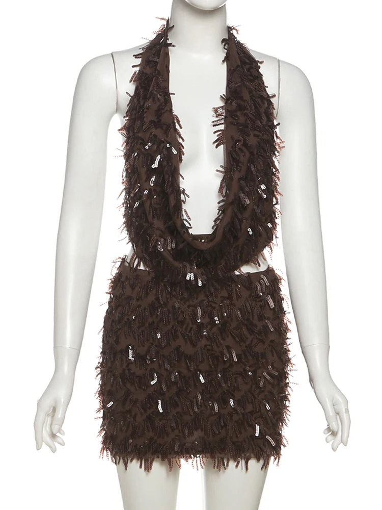 Slim Sequin Tassels 2 Piece Set - Sexy Tank Top & Peach Mini Skirt VestiVogue