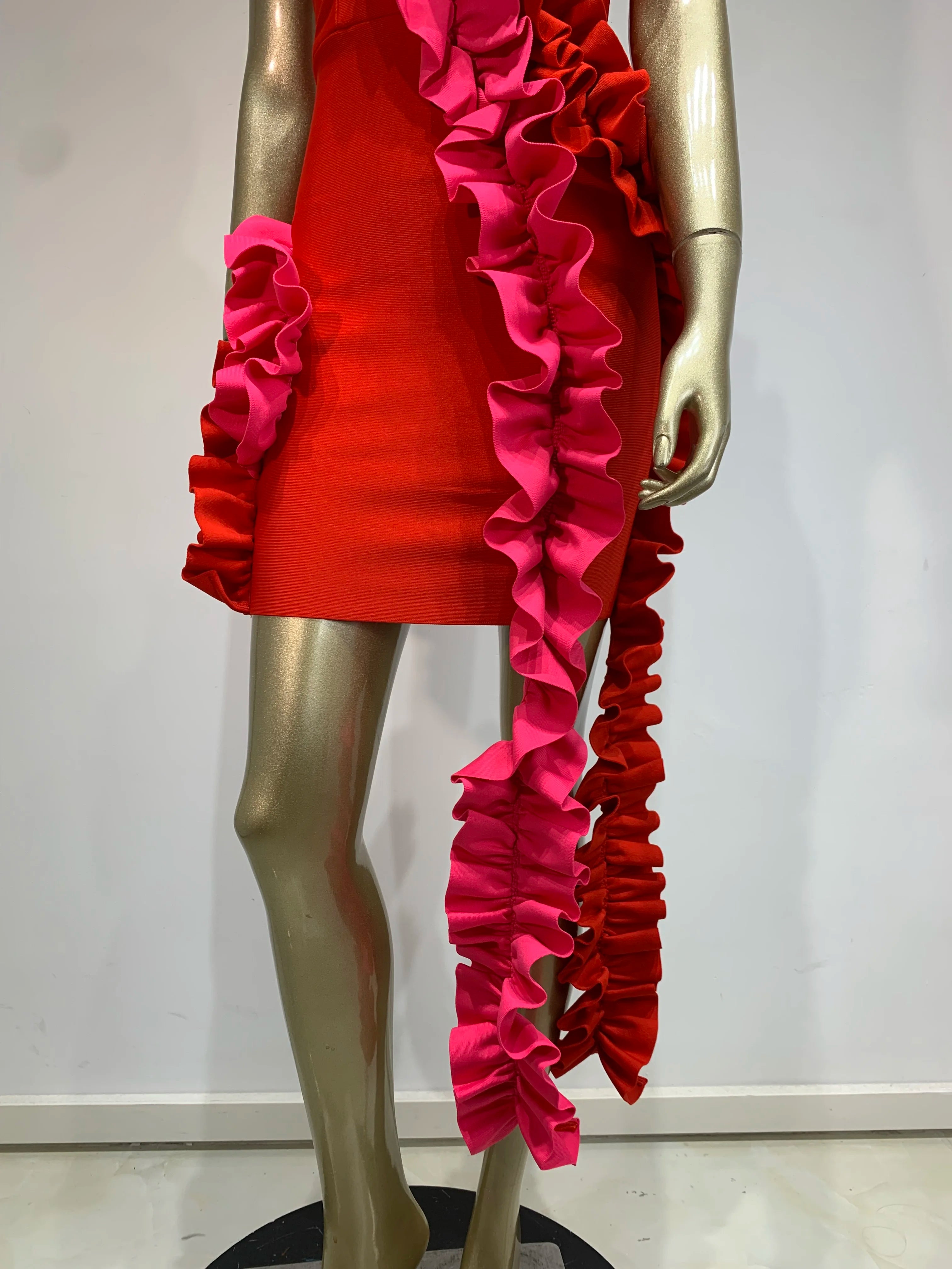 One-Shoulder Red Ruffle Bodycon Dress VestiVogue