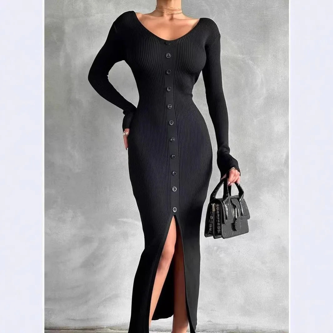 Sophisticated Knitted V-Neck Midi Dress with Long Sleeves VestiVogue