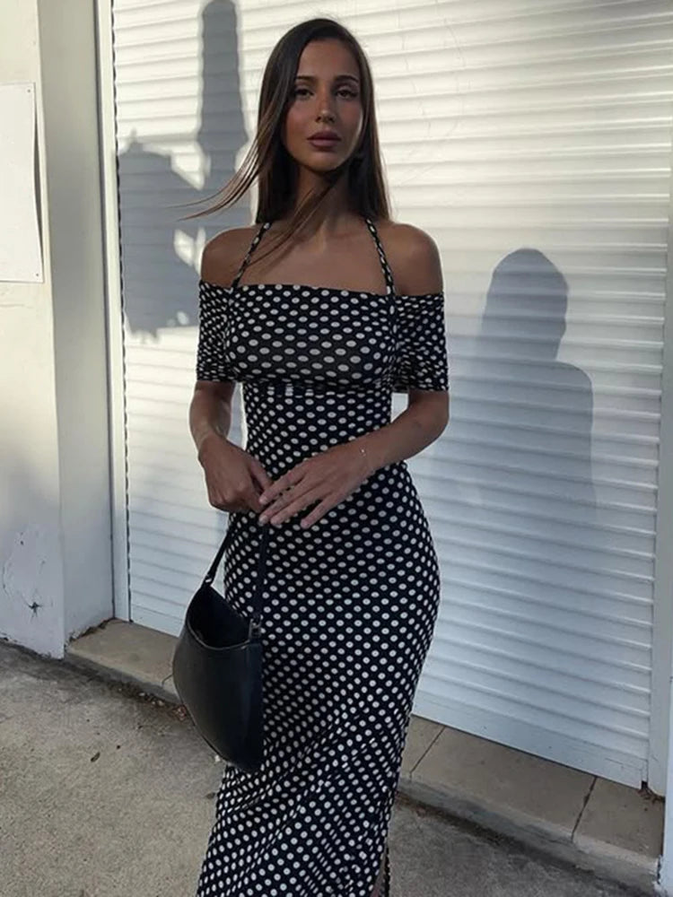 Polka Dot Off-Shoulder Backless Slit Bodycon Dress VestiVogue