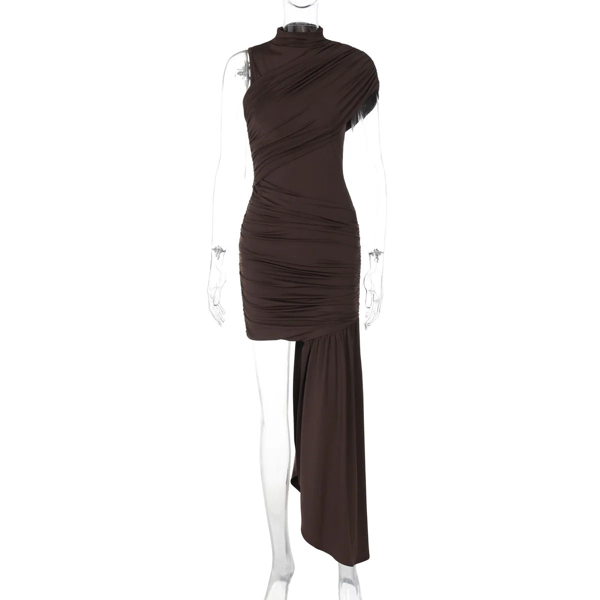 Ruched Asymmetrical Sleeveless Mini Dress VestiVogue Coffee S