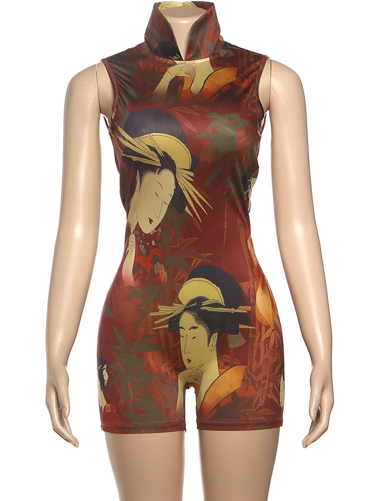Vintage Cartoon Print Backless Turtleneck Romper VestiVogue