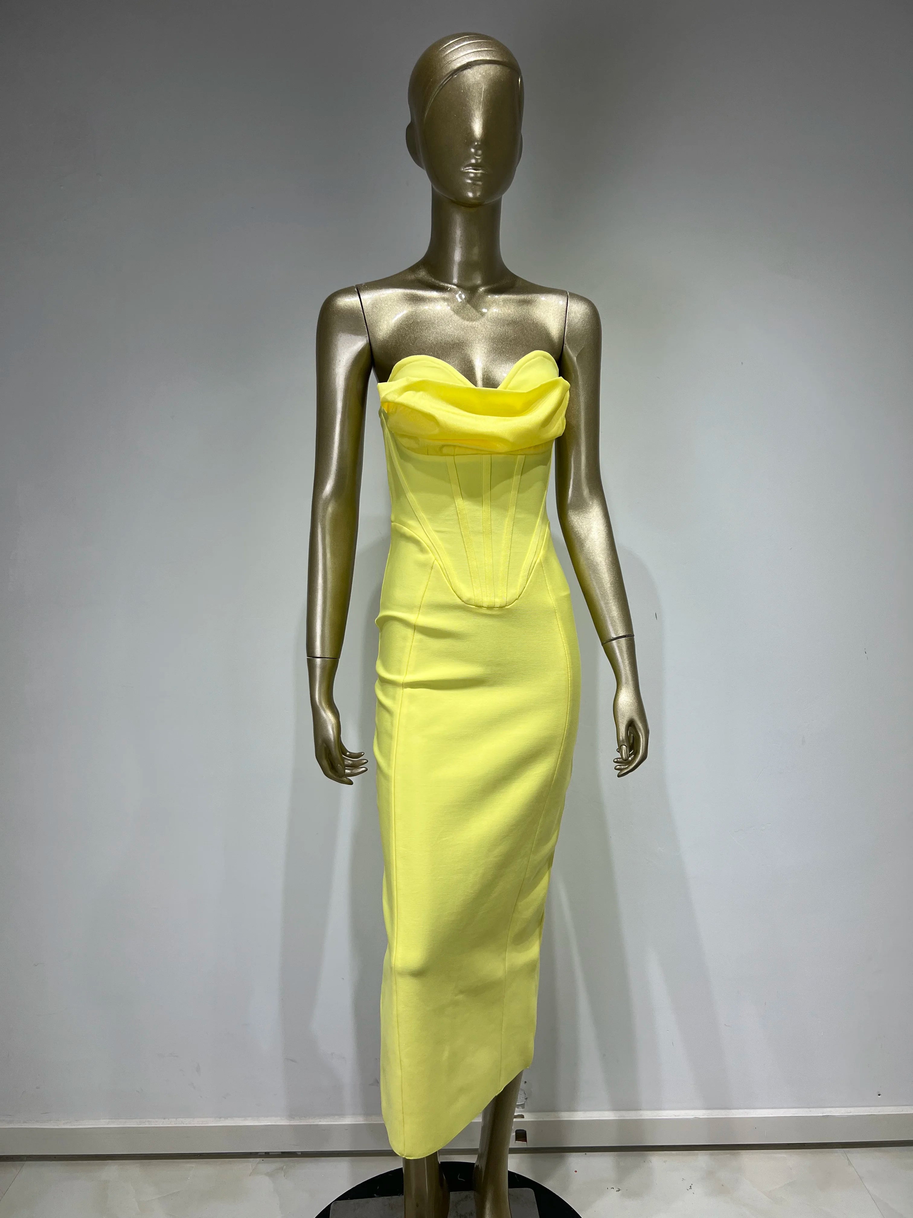 Strapless Yellow Bandage Midi Dress VestiVogue