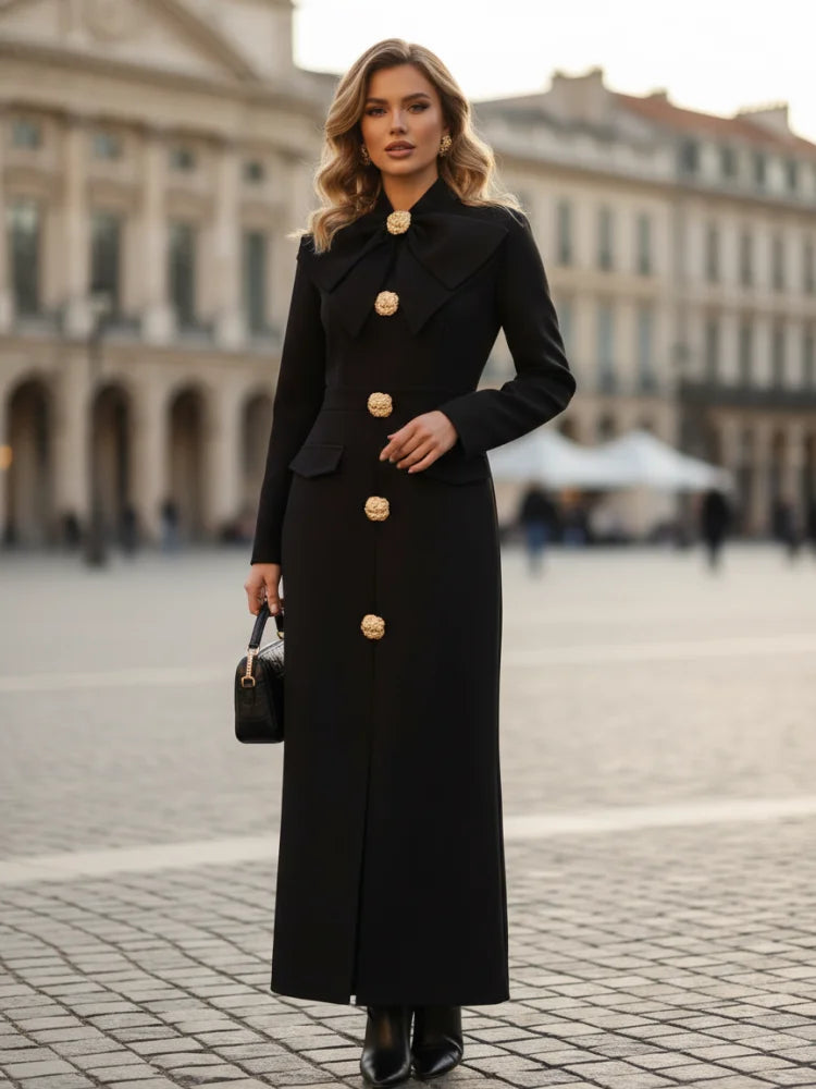 Elegant Bow Tie Slim Fit Ankle-Length Dress with Full Sleeves VestiVogue