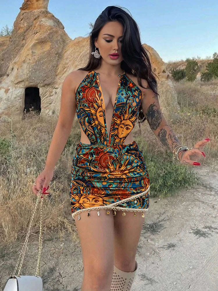 Backless Colourful Print Bodycon Dress with Metal Ring Halter and Sequin Tassel Hem