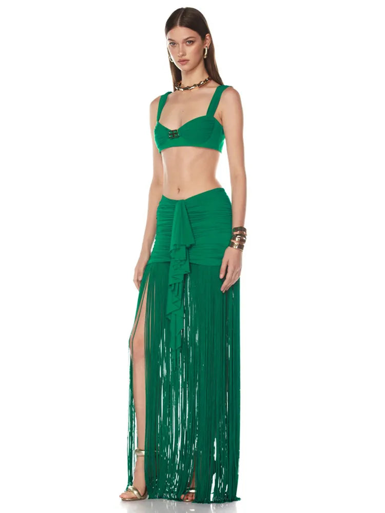 Elegant Green Ruched Maxi Two-Piece Skirt Set with Tassels VestiVogue