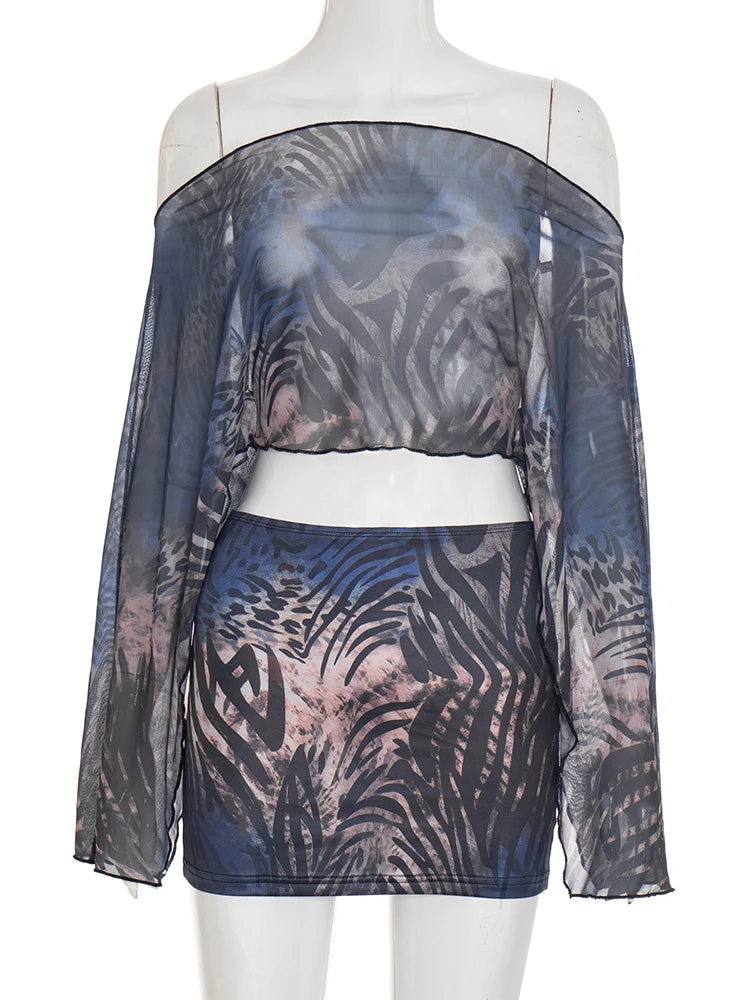 Tiger Stripe Mesh Two-Piece Set with Crop Top and Mini Skirt VestiVogue