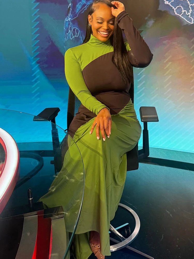 Contrast Patchwork Turtleneck Long Sleeve Dress VestiVogue