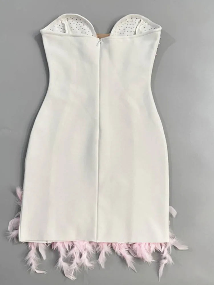 Strapless Backless White Beaded Floral Bodycon Mini Dress VestiVogue