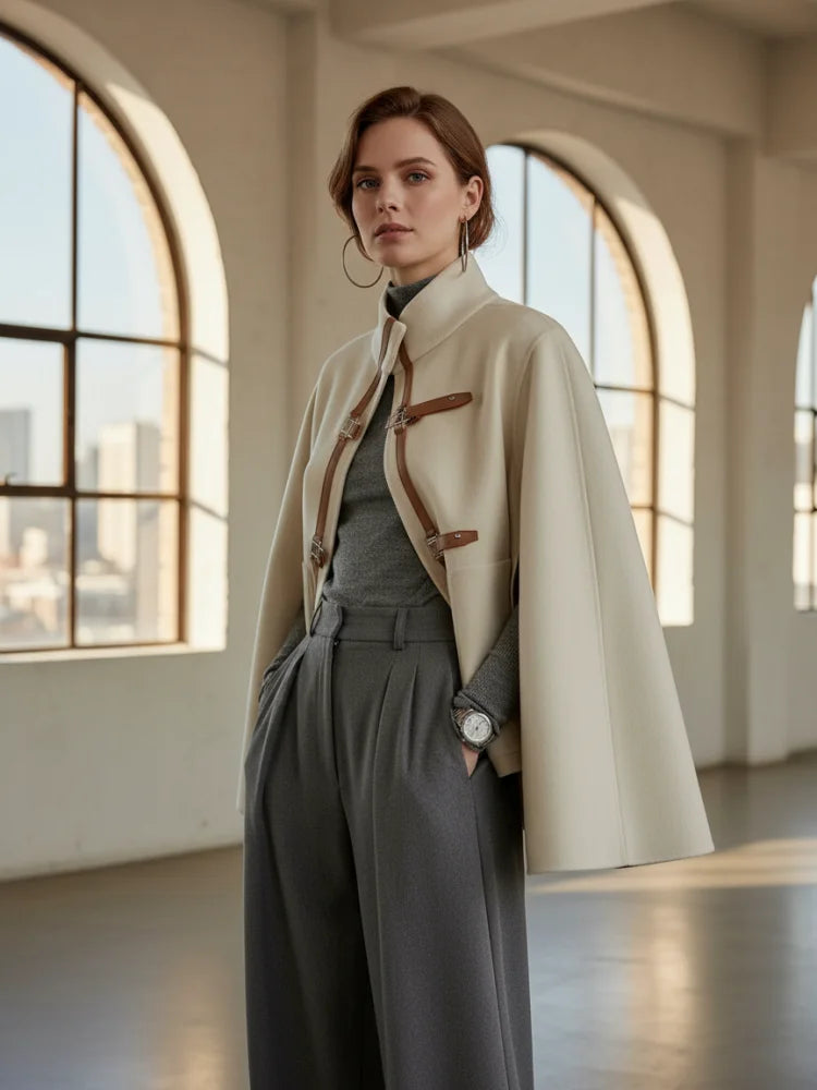 Chic High Neck Cape Jacket with Bat Sleeves VestiVogue