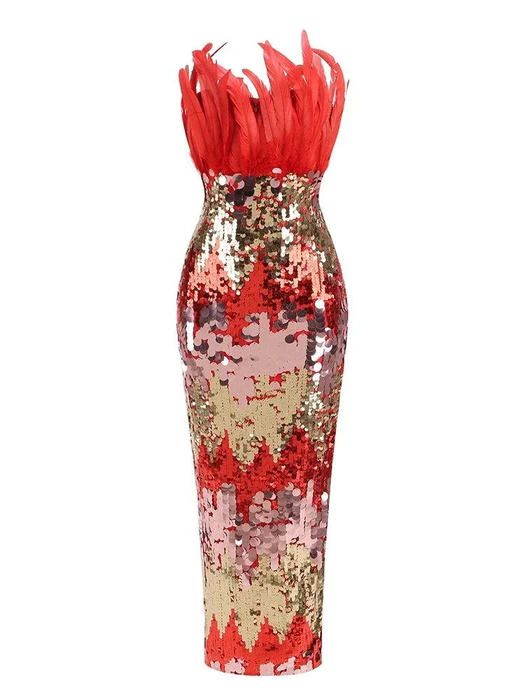 Strapless Feather Sequin Maxi Dress VestiVogue Red Gold L