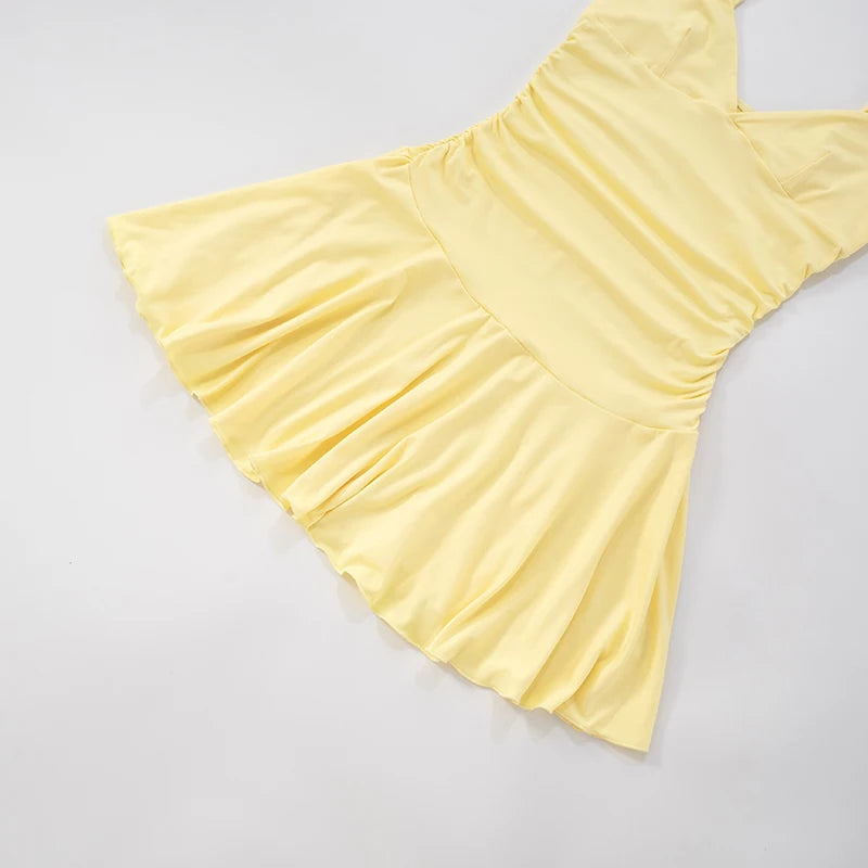 Solid Colour Spaghetti Strap Ruffled V-Neck Dress VestiVogue