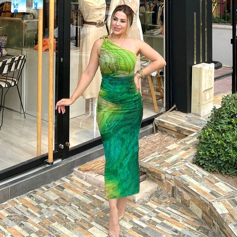 Gradient Print One-Shoulder Long Dress with Slash Collar VestiVogue